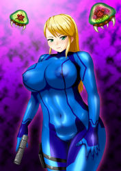 Rule 34 | 1girl, blonde hair, bodysuit, breasts, covered navel, covered erect nipples, green eyes, huge breasts, keiryu, metroid, mole, plump, puffy nipples, samus aran, see-through, skin tight, smile, thick thighs, thighs, wide hips, zero suit