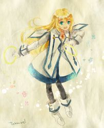 Rule 34 | 1girl, blonde hair, blue eyes, capelet, colette brunel, dress, gloves, jewelry, long hair, open mouth, pantyhose, shoes, takanamushi, tales of (series), tales of symphonia, weapon