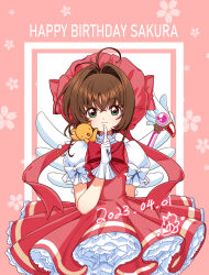 Rule 34 | 1girl, absurdres, antenna hair, bow, brown hair, cardcaptor sakura, creature, dated, dress, finger to mouth, floral background, fuuin no tsue, gloves, green eyes, hair intakes, happy birthday, highres, kero (cardcaptor sakura), kinomoto sakura, magical girl, pink background, puffy sleeves, red bow, red dress, red headwear, shirt, short hair, short sleeves, smile, so tsubasa, wand, white gloves, white shirt