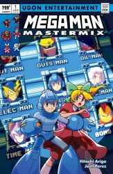 Rule 34 | 1boy, 1girl, android, arm cannon, bad id, bad twitter id, blonde hair, blue eyes, bomb man, capcom, character name, commentary, copyright name, cover, cover page, cut man, dress, earrings, elec man, english text, fire man, green ribbon, gutman, guts man, hair ribbon, helmet, ice man, jewelry, long hair, marvel, mask, mega man: powered up, mega man (character), mega man (classic), mega man (series), oil man, parody, pixel art, puffy short sleeves, puffy sleeves, red dress, ribbon, robaato, rockman (game), roll (mega man), short sleeves, spotlight, time man, weapon, x-men, x-men: days of future past