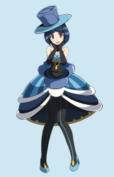 Rule 34 | 1girl, battle chatelaine, black gloves, black pantyhose, blue background, blue eyes, blue footwear, blue hat, breasts, cleavage, commentary request, creatures (company), dress, evelyn (pokemon), eyelashes, full body, game freak, gloves, hat, high heels, looking at viewer, nintendo, open mouth, pantyhose, pokemon, pokemon xy, short hair, solo, standing, top hat, tsukishiro saika