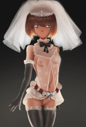 Rule 34 | 1girl, black background, black bow, black gloves, black thighhighs, blue eyes, bow, breasts, bridal lingerie, bridal veil, brown hair, censored, cleft of venus, closed mouth, cowboy shot, elbow gloves, feet out of frame, female focus, flower, gloves, haibara ai, highres, lace, legs together, lingerie, looking at viewer, meitantei conan, mosaic censoring, bowtie, nipples, pussy, rose, short hair, simple background, small breasts, solo, standing, storm92, thighhighs, thighs, underwear, veil, white bow