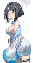 Rule 34 | 1girl, absurdres, arknights, ball, bare shoulders, beachball, bikini, black hair, breasts, commentary, cowboy shot, from side, grey eyes, hair ornament, hairclip, highres, holding, holding ball, jacket, la pluma (arknights), la pluma (summer flowers) (arknights), large breasts, long sleeves, looking at viewer, off shoulder, short hair, solo, standing, swimsuit, thigh strap, thighs, wakamepiza, white bikini, white jacket