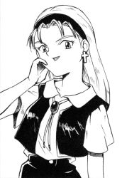 Rule 34 | 1girl, choppy bangs, cross, cross earrings, earrings, greyscale, hair ornament, hairband, hand up, jewelry, long hair, marie vincennes, monochrome, necklace, neon genesis evangelion, non-web source, official art, open mouth, school uniform, shirt, short sleeves, simple background, skirt, smile, solo, suspender skirt, suspenders, the nerv white paper, tokyo-3 middle school uniform, upper body, white background