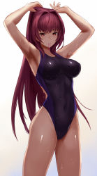 Rule 34 | 1girl, adjusting hair, alternate costume, armpits, arms up, black one-piece swimsuit, blue one-piece swimsuit, breasts, breasts apart, bunching hair, clenched teeth, competition swimsuit, covered navel, cowboy shot, fate/grand order, fate (series), gradient background, hair intakes, hair tie, highres, hip focus, impossible clothes, impossible swimsuit, jilllxlxl, large breasts, legs apart, long hair, looking at viewer, mouth hold, one-piece swimsuit, parted lips, purple hair, red eyes, red hair, rubber band, scathach (fate), shade, shiny clothes, skin tight, solo, standing, swimsuit, teeth, thighs, tying hair, very long hair, wet, wet clothes, wet swimsuit