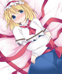 Rule 34 | 1girl, alice margatroid, ascot, bad id, bad pixiv id, blonde hair, blue dress, blue eyes, blush, capelet, check commentary, commentary request, dress, gift, hairband, hammer (sunset beach), lolita hairband, long sleeves, looking at viewer, lying, on back, ribbon, sash, shirt, solo, touhou