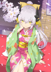 100 100percent_park 1girl absurdres alternate_costume architecture blush dragon_girl dragon_horns east_asian_architecture fate/grand_order fate_(series) floral_print flower from_above grey_hair hand_on_own_cheek hand_on_own_face highres horns japanese_clothes kimono kiyohime_(fate) kiyohime_(winter_thanksgiving_festival)_(fate) long_hair obi petals sash sitting smile solo yellow_eyes