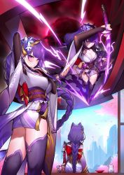 Rule 34 | 1girl, absurdres, animal ears, arm up, blue sky, braid, breasts, cat, cat ears, cherry blossoms, cleavage, dysoor, genshin impact, highres, holding, holding sword, holding weapon, huge filesize, japanese clothes, kimono, large breasts, long hair, mole, mole under eye, purple eyes, purple hair, raiden shogun, single braid, sitting, sky, sword, thighhighs, very long hair, weapon