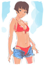 Rule 34 | 00s, 1girl, bikini, breasts, brown eyes, brown hair, cropped legs, cutoffs, denim, denim shorts, front-tie top, gake no ue no ponyo, highres, lisa (ponyo), looking at viewer, navel, open clothes, open fly, open shorts, parted lips, red bikini, short hair, short shorts, shorts, sketch, small breasts, solo, standing, swimsuit, tombiiwa, unbuttoned, unzipped