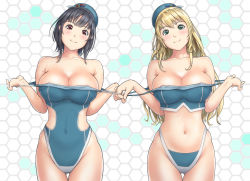 Rule 34 | 1girl, aqua bikini, aqua one-piece swimsuit, areola slip, atago (kancolle), beret, bikini, black hair, blonde hair, blue bikini, blue hat, breasts, cleavage, clothes pull, collarbone, commentary request, competition swimsuit, covered navel, cowboy shot, curvy, green eyes, hat, head tilt, highres, honeycomb (pattern), honeycomb background, kantai collection, large breasts, long hair, navel, one-piece swimsuit, one-piece swimsuit pull, red eyes, short hair, smile, solo, swimsuit, takao (kancolle), tuubou, white background