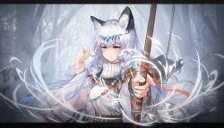 Rule 34 | 1girl, absurdres, aiming, aiming at viewer, animal ear fluff, animal ears, arknights, bell, belt, blue eyes, blue nails, blush, bow (weapon), breasts, circlet, closed mouth, dress, emphasis lines, fingernails, highres, holding, holding bow (weapon), holding weapon, jewelry, jueduihuoli, large breasts, leopard ears, leopard girl, leopard tail, letterboxed, long fingernails, long hair, long sleeves, looking at viewer, nail polish, necklace, outdoors, outstretched arm, pramanix (arknights), silver hair, solo, tail, tree, turtleneck, turtleneck dress, upper body, v-shaped eyebrows, very long hair, weapon, white dress, wide sleeves