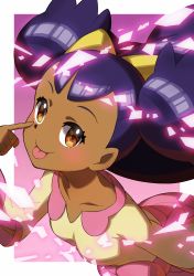 Rule 34 | 1girl, :p, absurdres, akanbe, blush, border, breasts, brown eyes, collar, collarbone, commentary request, creatures (company), dark-skinned female, dark skin, eyelashes, eyelid pull, from above, game freak, gradient background, gym leader, hair ornament, highres, iris (pokemon), long hair, looking at viewer, looking up, nintendo, outside border, pink background, pink collar, pink skirt, pokemon, pokemon bw, purple background, purple hair, shirt, skirt, smile, solo, taisa (lovemokunae), tongue, tongue out, two side up, white border, yellow shirt