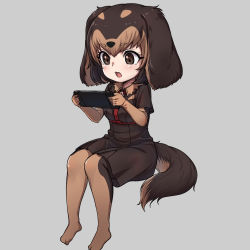 Rule 34 | 1girl, animal ears, blush, brown eyes, brown gloves, brown hair, brown pantyhose, brown shirt, brown skirt, collar, collared shirt, dachshund (kemono friends) (nyifu), dog ears, dog girl, dog tail, elbow gloves, fangs, fictional persona, frilled collar, frills, gloves, harness, kemono friends, multicolored hair, nintendo switch, no shoes, nyifu, open mouth, original, pantyhose, pleated skirt, shirt, short sleeves, sitting, skirt, solo, tail, two-tone hair