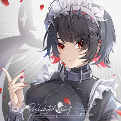 Rule 34 | 1girl, black dress, black hair, breasts, closed mouth, colored inner hair, commentary request, dress, ellen joe, falling petals, hair ornament, hairpin, highres, large breasts, looking at viewer, maid, maid headdress, medium hair, multicolored hair, petals, red eyes, red hair, red nails, solo, upper body, ying die moyu, zenless zone zero