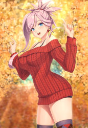 Rule 34 | 1girl, :d, aran sweater, asymmetrical hair, blue eyes, breasts, cable knit, fate/grand order, fate (series), hammerman benkei, index finger raised, large breasts, miyamoto musashi (fate), open mouth, pink hair, ponytail, red sweater, smile, solo, sweater, thighhighs, thighs