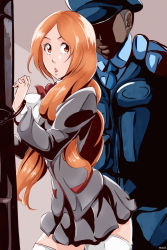 Rule 34 | 1boy, 1girl, bleach, breasts, dark-skinned male, dark skin, faceless, faceless male, hetero, highres, inoue orihime, maxi, orange hair, police, school uniform, text focus