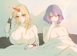 Rule 34 | 2girls, ?, aftersex, bad id, bad pixiv id, bare arms, bare shoulders, bed, bite mark, blonde hair, blush, breasts, bura, chain, cigarette, cleavage, closed eyes, clothed female nude female, collarbone, cuffs, eyes visible through hair, female focus, hair between eyes, hand on own head, hand rest, hand up, head tilt, holding, holding cigarette, horns, hoshiguma yuugi, huge breasts, indoors, japanese clothes, large breasts, long hair, multiple girls, neck, no headwear, nude, on bed, open clothes, parted bangs, purple hair, red eyes, ruined for marriage, shackles, short hair, single horn, sitting, smoking, sweat, touhou, under covers, upper body, yasaka kanako, yuri