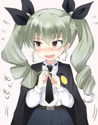 Rule 34 | 10s, 1girl, anchovy (girls und panzer), belt, black skirt, cape, dress shirt, drill hair, embarrassed, fang, fidgeting, flying sweatdrops, gedou (ge ge gedou), girls und panzer, green hair, hair ribbon, index fingers together, long hair, miniskirt, necktie, open mouth, pleated skirt, red eyes, ribbon, school uniform, shirt, skirt, solo, standing, sweatdrop, twin drills, twintails, white background, white shirt