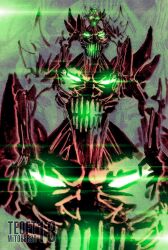 Rule 34 | abstract, abstract background, extra faces, facial mark, forehead mark, getter-1, getter robo, glowing, glowing eyes, glowing mouth, green eyes, highres, looking at viewer, mecha, monsterification, multiple faces, no humans, parody, recursion, robot, science fiction, shinkawa youji (style), solo, style parody, surreal, teeth, teoft, upper body