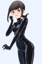 Rule 34 | 1girl, absurdres, black bodysuit, black hair, blush, bodysuit, breasts, embarrassed, eyebrows, eyelashes, fubuki (kancolle), green eyes, haruma (messy illust), highres, kantai collection, latex, latex bodysuit, looking at viewer, low ponytail, medium breasts, open mouth, rubber, rubber suit, shiny skin, short hair, sidelocks, simple background, solo, tight clothes