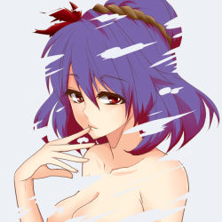 Rule 34 | 1girl, autumn leaves, breasts, cleavage, closed mouth, collarbone, expressionless, finger to mouth, grey background, hair ornament, hairband, ifuji sakura, leaf hair ornament, looking at viewer, nude, purple hair, red eyes, rope, short hair, simple background, solo, tareme, touhou, upper body, yasaka kanako