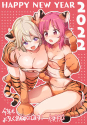 Rule 34 | 2022, animal costume, animal ears, animal hands, animal print, asumi-chan wa rezu fuuzoku ni kyoumi ga arimasu!, bare shoulders, blush, braid, breast press, breasts, chinese zodiac, cleavage, clothing cutout, collarbone, dotted background, fang, hand on another&#039;s shoulder, happy new year, highres, hug, itsuki kuro, kneeling, kusumoto asumi, large breasts, light brown hair, looking at another, medium breasts, medium hair, navel, new year, open mouth, purple eyes, red background, red eyes, red hair, seiza, sitting, smile, surprised, sweat, tail, thighs, tiger costume, tiger ears, tiger paws, tiger print, tiger stripes, tiger tail, year of the tiger