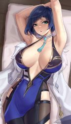 Rule 34 | 1girl, absurdres, armpits, arms up, bare arms, bare shoulders, blue hair, blush, breasts, cleavage, commentary, english commentary, genshin impact, green eyes, highres, jacket, looking at viewer, lying, on back, parted lips, shikube, short hair, solo, white jacket, yelan (genshin impact)