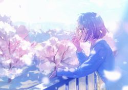 Rule 34 | 1girl, arm support, backlighting, blue sky, blue sweater, blue theme, blurry, blush, bob cut, bokeh, branch, brown eyes, brown hair, cherry blossoms, cigarette, collared shirt, day, depth of field, floating hair, flower, from side, furrowed brow, hand on railing, highres, holding, holding cigarette, horizon, light smile, looking afar, original, outdoors, parted lips, petals, pink flower, pink theme, profile, railing, shaded face, shirt, short hair, sky, smoke, solo, sunlight, sweater, tareme, tree, upper body, white shirt, wind, wind lift, yukimaru nun