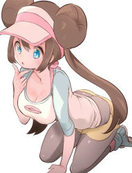 Rule 34 | 1girl, black pantyhose, blue eyes, blush, bow, breasts, brown hair, chorimokki, cleavage, collarbone, creatures (company), double bun, game freak, hair between eyes, hair bun, hand on own chin, large breasts, long hair, nintendo, open mouth, pantyhose, pantyhose under shorts, pink bow, pokemon, pokemon bw2, raglan sleeves, rosa (pokemon), shoes, short shorts, shorts, sneakers, solo, stroking own chin, twintails, very long hair, visor cap, yellow shorts