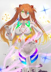 Rule 34 | 1girl, artist name, blue eyes, bodysuit, breasts, commentary, curvy, evangelion: 3.0+1.0 thrice upon a time, fadingz, gradient hair, green eyes, hair ornament, hand on own hip, hand up, heterochromia, highres, interface headset, long hair, looking at viewer, medium breasts, multicolored hair, neon genesis evangelion, neon trim, orange hair, parted lips, plugsuit, rebuild of evangelion, shiny clothes, signature, simple background, skin tight, solo, souryuu asuka langley, turtleneck, twintails, two side up, very long hair, white bodysuit, wide hips