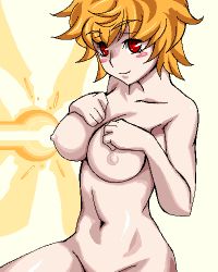Rule 34 | 00s, 1girl, beam, blonde hair, blush, blush stickers, breast beam, breast suppress, breasts, brown hair, collarbone, hand on own chest, light smile, looking at viewer, lowres, lucky star, messy hair, navel, nipples, nude, oekaki, patricia martin, red eyes, short hair, sitting, smile, solo