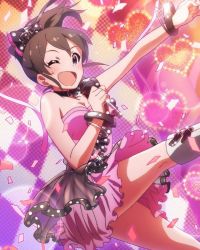 Rule 34 | 10s, 1girl, ;d, artist request, blue eyes, bracelet, brown hair, confetti, hair ribbon, idolmaster, idolmaster million live!, jewelry, looking at viewer, lots of jewelry, microphone, official art, one eye closed, open mouth, ponytail, ribbon, satake minako, signature, skirt, smile, wink