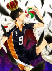 Rule 34 | 1boy, ball, black hair, cape, crown, dutch angle, feathers, fur trim, gradient cape, haikyuu!!, holding, holding ball, kageyama tobio, kei (space sonic), knee pads, male focus, motion blur, red cape, shorts, solo, sportswear, volleyball, volleyball (object), volleyball net, volleyball uniform