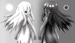 Rule 34 | 2girls, absurdres, bare arms, bare shoulders, black hair, black sclera, black sun, black vs white, closed mouth, colored sclera, commentary request, dress, greyscale, hair between eyes, highres, idaten93, looking at viewer, looking back, monochrome, multiple girls, original, polar opposites, sleeveless, sleeveless dress, sun, symmetry, white hair
