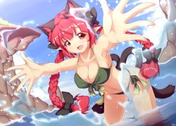 Rule 34 | 1girl, animal ears, arms up, bare arms, bare shoulders, bikini, black bow, bow, braid, breasts, cat ears, cat tail, cleavage, cliff, collarbone, foreshortening, front-tie bikini top, front-tie top, green ribbon, hair bow, horizon, kaenbyou rin, leaning forward, long hair, medium breasts, multiple tails, navel, nekomata, ocean, pointy ears, psychopath idiot, red eyes, red hair, ribbon, side-tie bikini bottom, solo, splashing, stomach, swimsuit, tail, touhou, twin braids, two tails, very long hair, wading
