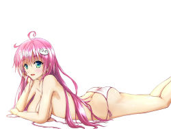 Rule 34 | 10s, 1girl, ahoge, arm support, ass, bikini, blush, bra, breasts, butt crack, censored, convenient censoring, green eyes, hair ornament, lala satalin deviluke, large breasts, long hair, looking at viewer, lying, on stomach, panties, pink hair, shiny skin, simple background, smile, solo, swimsuit, to love-ru, to love-ru darkness, topless, underwear, very long hair, white background, yoruka (yukiyukimasamasa)