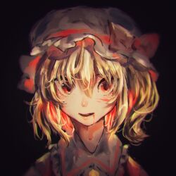 Rule 34 | 1girl, black background, blonde hair, blood, blood from mouth, blurry, collared shirt, dark background, depth of field, flandre scarlet, frilled shirt collar, frills, hair between eyes, hat, hat ribbon, irohatomo, looking at viewer, medium hair, mob cap, one side up, open mouth, red eyes, red ribbon, ribbon, shirt, simple background, solo, touhou, white hat, white shirt