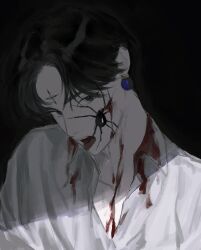 Rule 34 | 1boy, black background, black eyes, black hair, black widow (spider), blood, blood on clothes, blood on face, bug, chokeke 005, chrollo lucilfer, collarbone, cross tattoo, earrings, facial mark, facial tattoo, forehead mark, forehead tattoo, highres, hunter x hunter, jewelry, looking at viewer, male focus, shirt, short hair, simple background, solo, spider, tattoo, upper body, white shirt