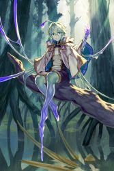 Rule 34 | 1boy, ahoge, algae, blue eyes, colored skin, day, forest, gradient skin, green skin, highres, in tree, looking at viewer, male focus, monster boy, nature, outdoors, pixiv fantasia, pixiv fantasia last saga, purple skin, robe, sitting, slime (substance), smile, solo, sunlight, thuluth, tree, water, wetland, yuzu shio