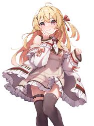 Rule 34 | 1girl, absurdres, ahoge, bare shoulders, blonde hair, blush, dress, fortissimo, frills, hair ornament, hair ribbon, hairclip, highres, hololive, jacket, looking at viewer, musical note, musical note hair ornament, off shoulder, one side up, otonose kanade, red eyes, ribbon, simple background, smile, solo, thigh strap, thighhighs, tmo-cat, virtual youtuber, white background, zettai ryouiki