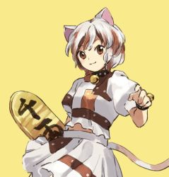 Rule 34 | 1girl, animal ears, ankleband, bell, brown eyes, cat ears, cat girl, cat tail, coin, cowboy shot, gold, goutokuji mike, kaigen 1025, koban (gold), looking at viewer, maneki-neko, midriff, midriff peek, multicolored shirt, multicolored tail, neck bell, patch, puffy short sleeves, puffy sleeves, short hair, short sleeves, simple background, skirt, smile, tail, touhou, yellow background