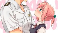 Rule 34 | 1boy, 1girl, admiral (kancolle), blue eyes, breast press, breasts, commentary request, dress shirt, grey vest, hair ornament, head out of frame, kantai collection, looking up, medium breasts, military, military uniform, naval uniform, neck ribbon, pink hair, ponytail, r-king, red ribbon, ribbon, school uniform, shiranui (kancolle), shirt, short hair, short sleeves, uniform, upper body, vest, white shirt
