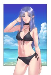Rule 34 | 1girl, armpits, beach, bikini, black bikini, border, bracelet, breasts, choker, cloud, cowboy shot, crescent, fate/stay night, fate (series), female focus, front-tie top, highres, hikichi sakuya, island, jewelry, lipstick, long hair, looking at viewer, makeup, matching hair/eyes, medea (fate), medium breasts, necklace, outdoors, outside border, pointy ears, purple eyes, purple hair, purple lips, side-tie bikini bottom, sky, solo, standing, swimsuit, thighs, water, white border