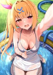 Rule 34 | 1girl, absurdres, arm up, armpits, bare shoulders, barefoot, blonde hair, blush, breasts, cleavage, collarbone, grass, hair intakes, hair ornament, hair ribbon, hairclip, heterochromia, highres, hoshikawa sara, large breasts, long hair, looking at viewer, nijisanji, open mouth, partially submerged, red eyes, ribbon, side ponytail, sitting, solo, suzutarou gunsou, virtual youtuber, wading pool, wet, wet clothes, x hair ornament, yellow eyes