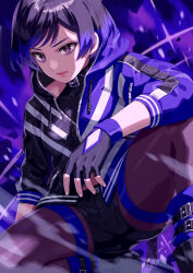 Rule 34 | 1girl, ankle boots, black and purple hair, black footwear, black gloves, black hair, black shorts, boots, brown pantyhose, commentary, eyeshadow, feet out of frame, fingerless gloves, gloves, highres, jacket, kneeling, looking at viewer, makeup, multicolored hair, pantyhose, pink lips, purple eyes, purple eyeshadow, purple hair, purple jacket, reina (tekken), short hair, shorts, solo, tekken, tekken 8, two-tone hair, yagi2013