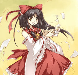 Rule 34 | 1girl, ascot, asymmetrical hair, bare shoulders, bow, brown hair, burning, collared shirt, detached sleeves, dress, eyebrows, eyes visible through hair, female focus, frilled dress, frilled shirt collar, frilled sleeves, frills, hair bow, hair tubes, hakurei reimu, japanese clothes, miko, ofuda, open mouth, paper, red bow, red dress, red ribbon, ribbon, ribbon-trimmed clothes, ribbon-trimmed dress, ribbon-trimmed sleeves, ribbon trim, sash, shirt, sleeveless, sleeveless dress, solo, touhou, white ribbon, white sleeves, wide sleeves, yellow ascot, yellow background, yellow eyes
