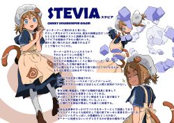 Rule 34 | 1girl, :d, apron, blue eyes, blush, brown footwear, character profile, check translation, cube, full body, golem, half-closed eyes, hat, highres, maid, mob cap, multiple views, open mouth, original, own hands together, pantyhose, short sleeves, short twintails, smile, stevia (vanillaklein), tail, translation request, twintails, upper body, vanillaklein, white pantyhose