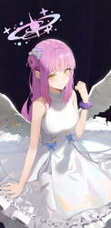 Rule 34 | 1girl, absurdres, angel wings, black background, blue archive, blush, breasts, closed mouth, commentary, dress, feet out of frame, flower, frilled dress, frills, from above, hair bun, hair flower, hair ornament, halo, highres, kji (rozo), long hair, looking at viewer, medium breasts, mika (blue archive), pink hair, scrunchie, sidelocks, simple background, single side bun, sleeveless, sleeveless dress, smile, solo, straight hair, white dress, wings, wrist scrunchie, yellow eyes