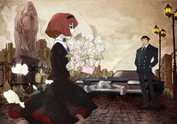 Rule 34 | 1boy, 1girl, 8day, bad id, black hair, bob cut, bouquet, brown hair, car, city, fence, flower, formal, lamppost, motor vehicle, pale skin, petals, r dorothy wayneright, roger smith, rose, sepia, short hair, standing, statue, suit, the big o, vehicle, white flower, white rose