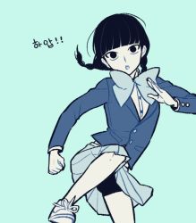 Rule 34 | !, !!, 10s, 1boy, :o, aqua background, bad id, bad pixiv id, beul, black hair, blazer, blue bow, blue bowtie, blue skirt, blunt bangs, bow, bowtie, braid, clenched hand, collared shirt, crossdressing, dress shirt, flat color, jacket, kageyama shigeo, kicking, korean text, leg up, long sleeves, looking at viewer, male focus, miniskirt, mob face, mob psycho 100, pleated skirt, school uniform, shirt, shoes, shorts, shorts under skirt, simple background, skirt, sneakers, solo, trap, twin braids, twintails, upskirt